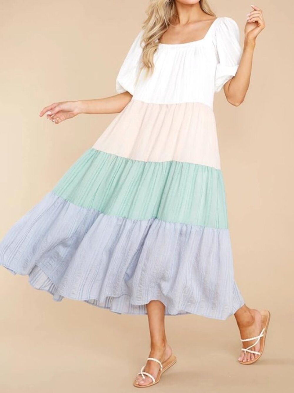 Aura Tiered Maxi Dress Womens Small Colorblock White Green Smock Puff Sleeve